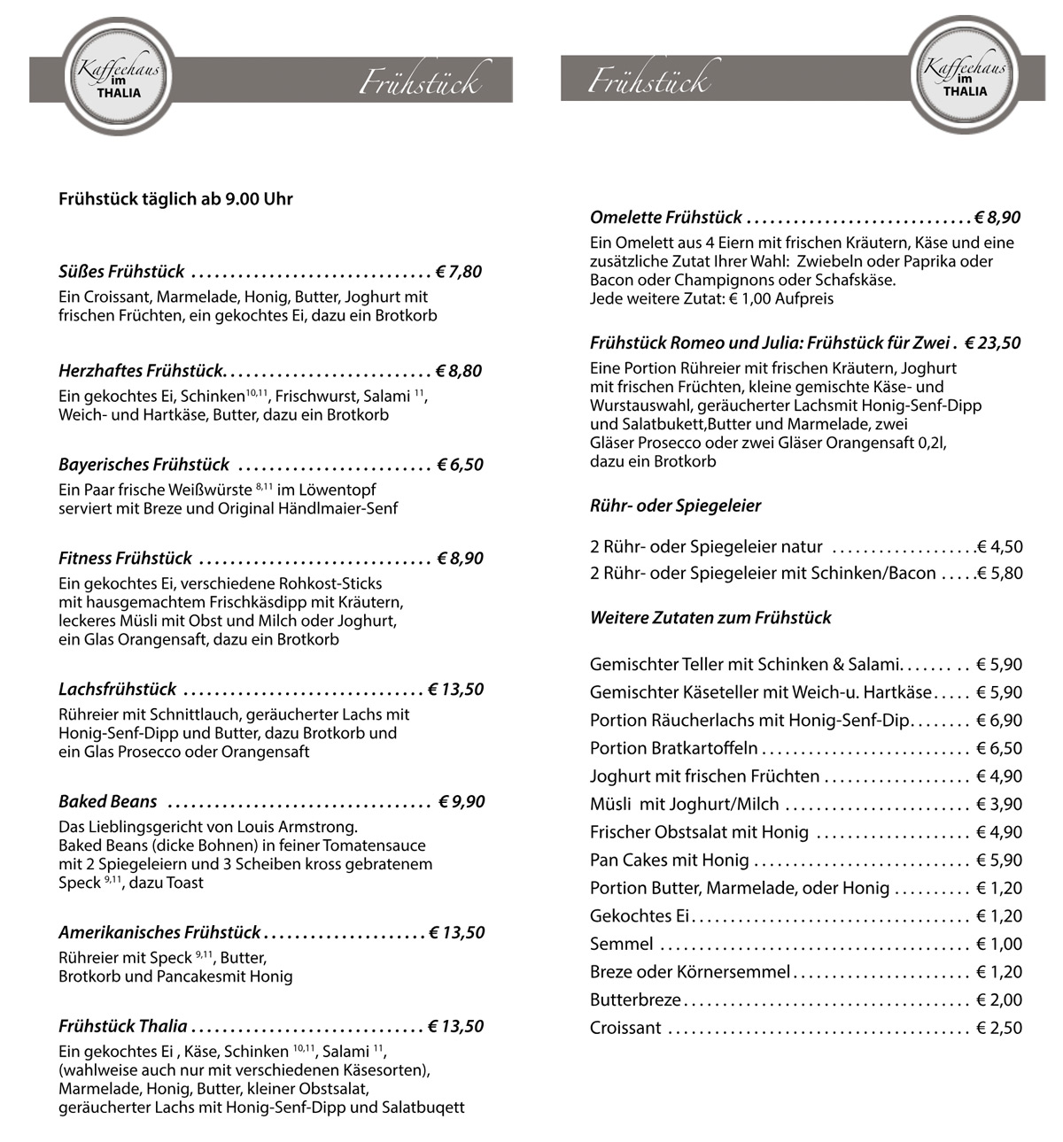 Frühstückskarte im Kaffeehaus im Thalia