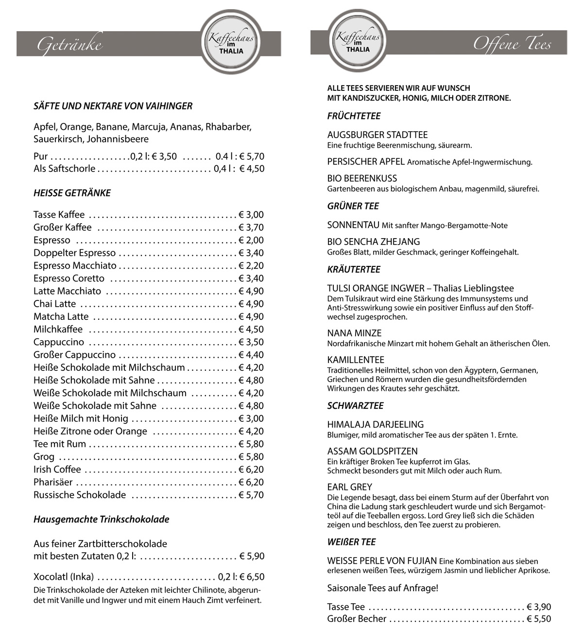 Frühstückskarte im Kaffeehaus im Thalia